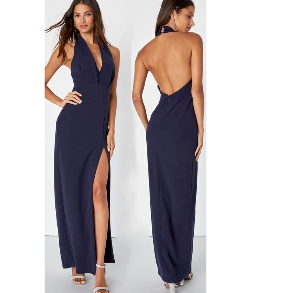 Lulus Completely Mesmerizing Navy Blue Pleated Halter Maxi Dress Size Large NWOT